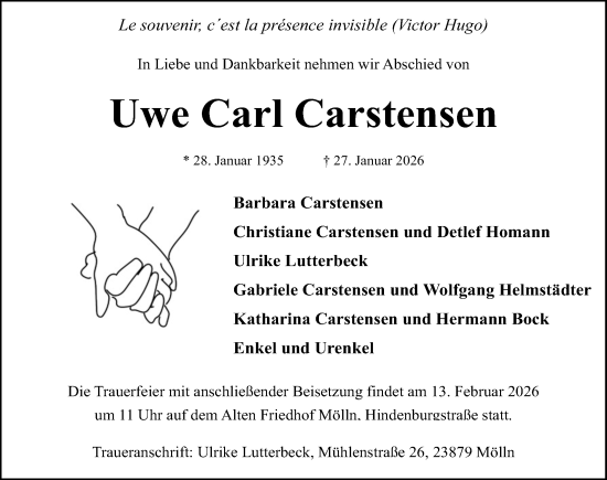 Traueranzeige von Uwe Carl Carstensen von Lübecker Nachrichten