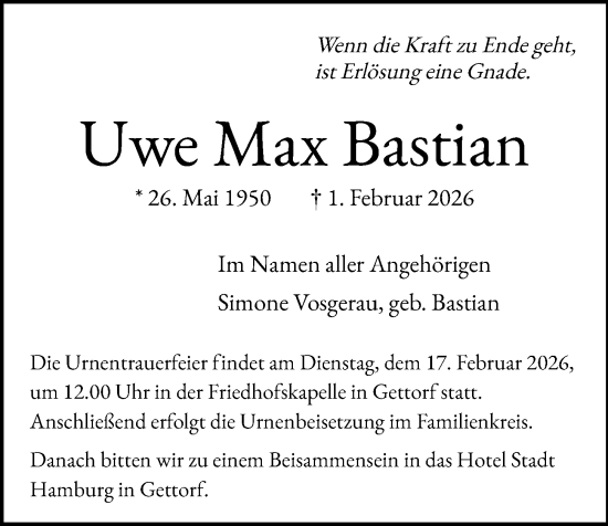 Traueranzeige von Uwe Max Bastian von Kieler Nachrichten