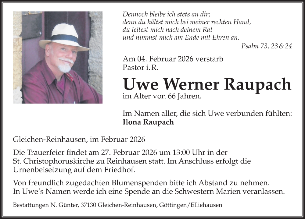 Traueranzeige für Uwe Werner Raupach vom 21.02.2026 aus Göttinger Tageblatt