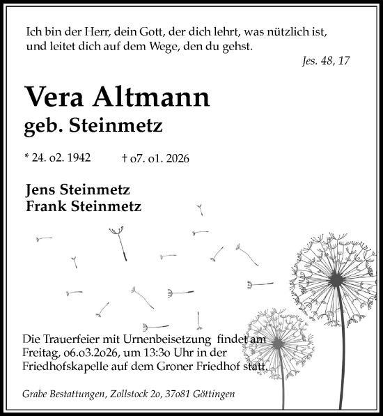 Traueranzeige von Vera Altmann von Göttinger Tageblatt
