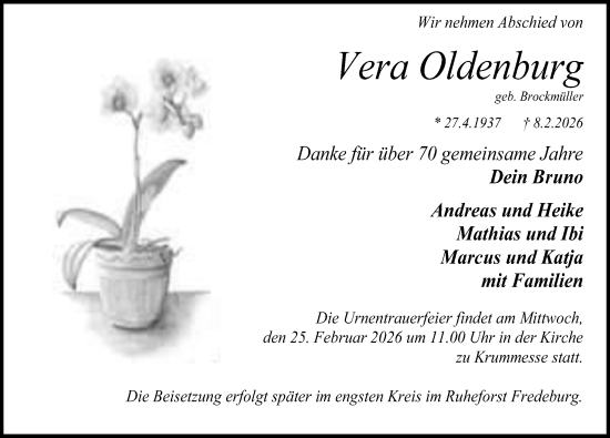 Traueranzeige von Vera Oldenburg von Lübecker Nachrichten