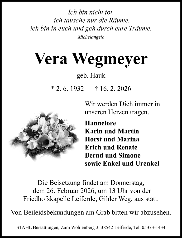  Traueranzeige für Vera Wegmeyer vom 21.02.2026 aus Aller Zeitung
