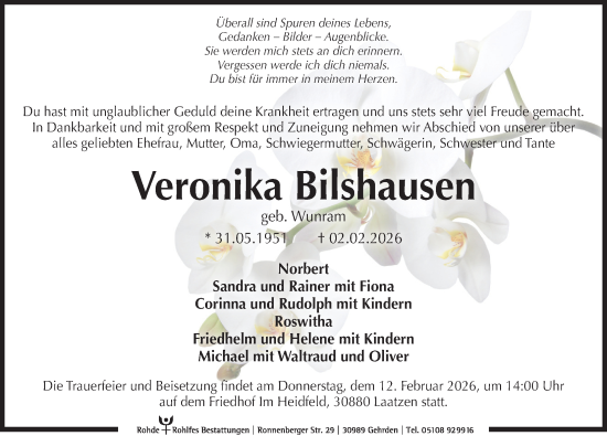 Traueranzeige von Veronika Bilshausen von Hannoversche Allgemeine Zeitung/Neue Presse