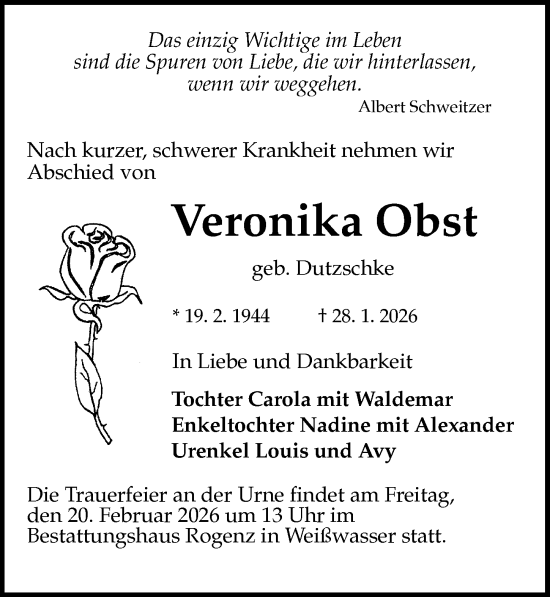 Traueranzeige von Veronika Obst von Sächsische Zeitung