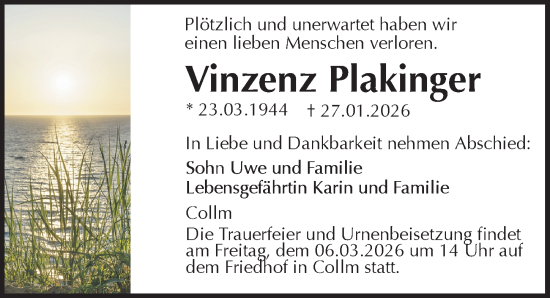 Traueranzeige von Vinzenz Plakinger von Leipziger Volkszeitung