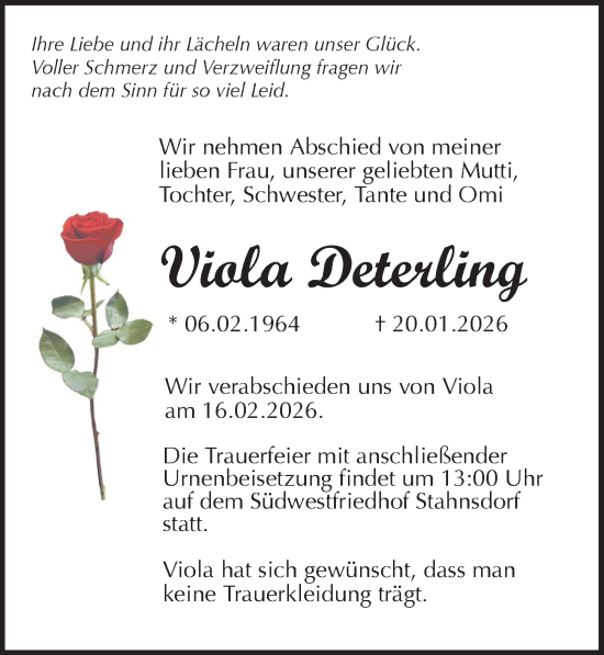 Traueranzeige von Viola Deterling von Märkischen Allgemeine Zeitung