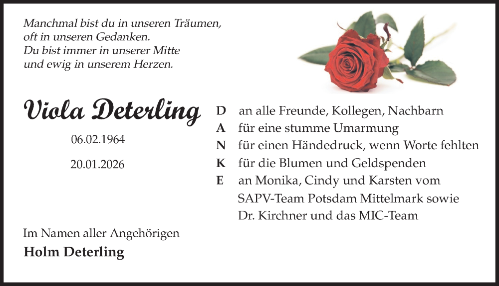  Traueranzeige für Viola Deterling vom 21.02.2026 aus Märkischen Allgemeine Zeitung
