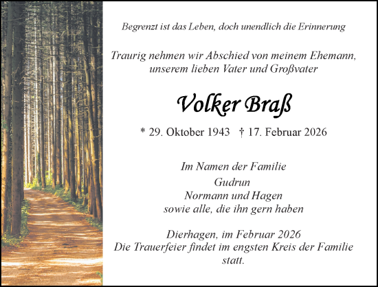 Traueranzeige von Volker Braß von Ostsee-Zeitung GmbH