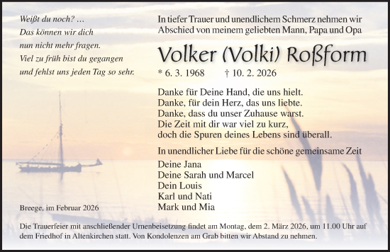 Traueranzeige von Volker Roßform von Ostsee-Zeitung GmbH