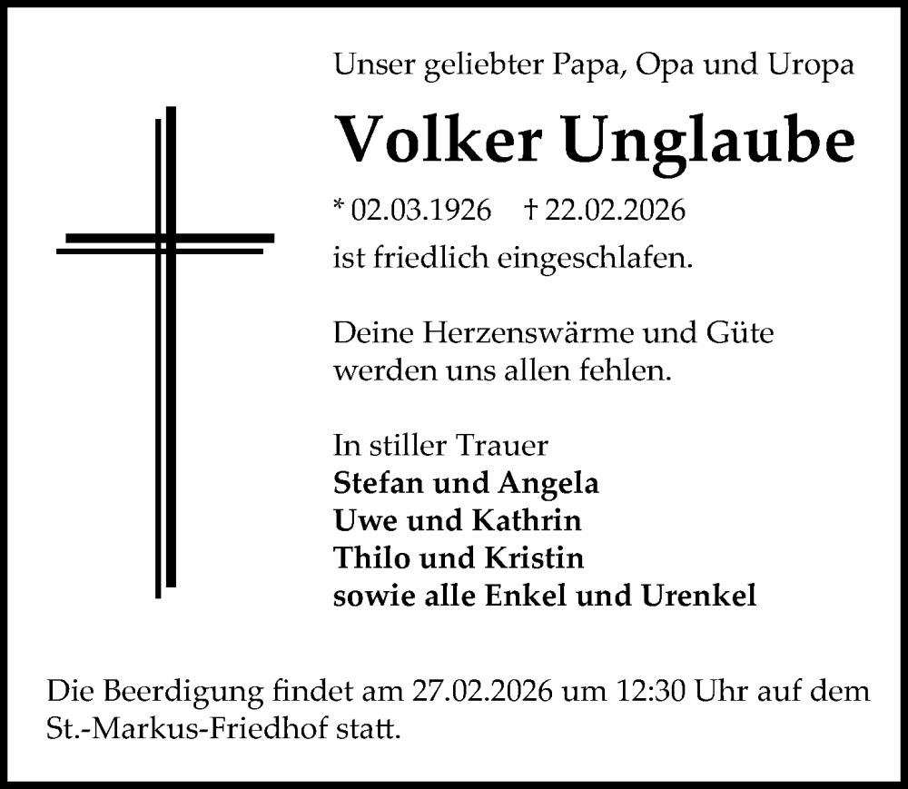  Traueranzeige für Volker Unglaube vom 25.02.2026 aus Sächsische Zeitung