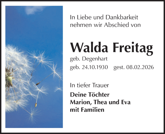 Traueranzeige von Walda Freitag von Leipziger Volkszeitung