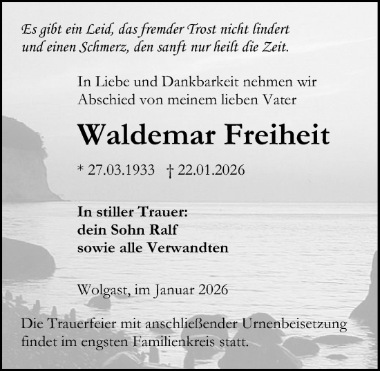 Traueranzeige von Waldemar Freiheit von Ostsee-Zeitung GmbH