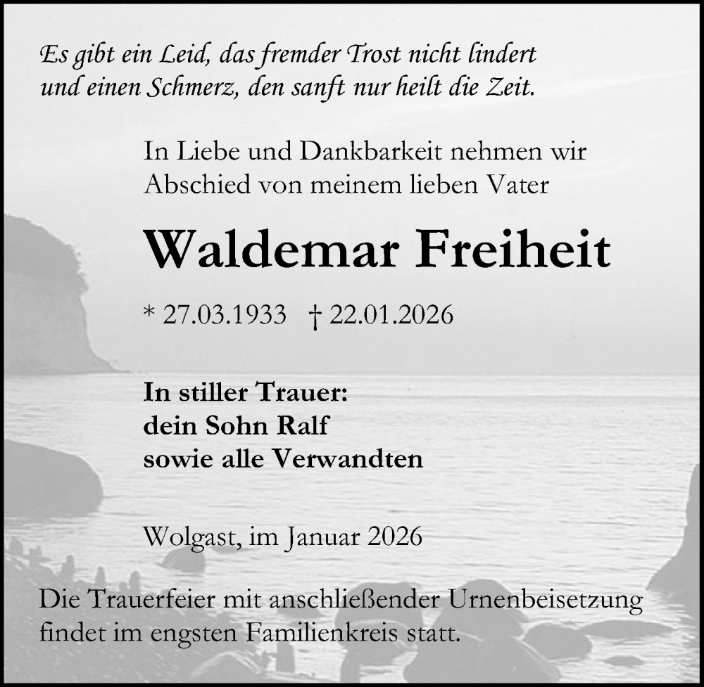  Traueranzeige für Waldemar Freiheit vom 07.02.2026 aus Ostsee-Zeitung GmbH