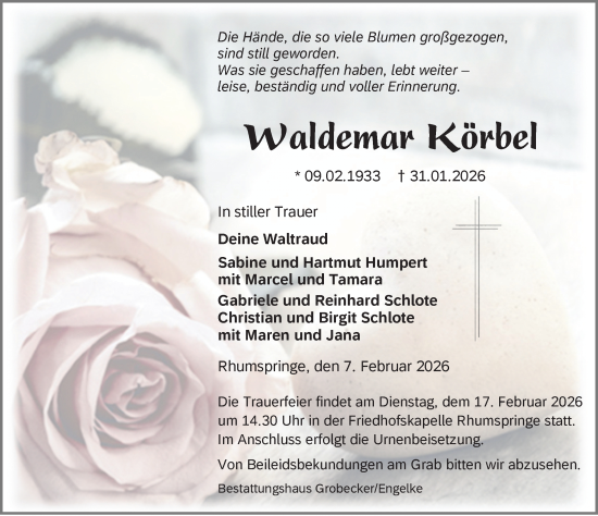 Traueranzeige von Waldemar Körbel von Eichsfelder Tageblatt