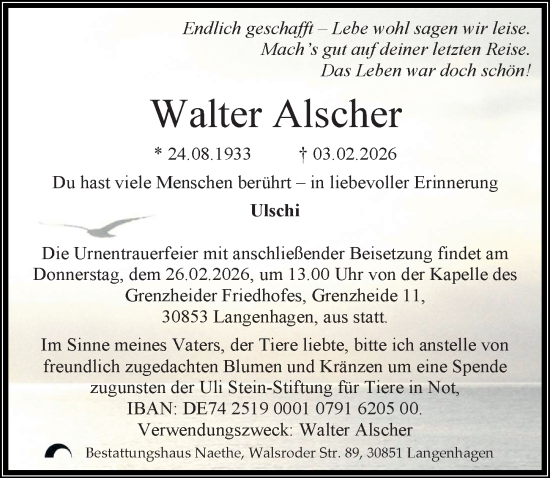 Traueranzeige von Walter Alscher von Hannoversche Allgemeine Zeitung/Neue Presse