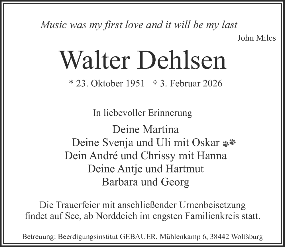  Traueranzeige für Walter Dehlsen vom 14.02.2026 aus Aller Zeitung