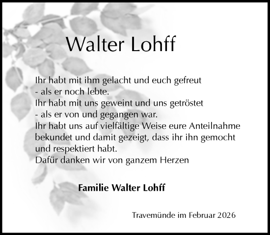 Traueranzeige von Walter Lohff von Lübecker Nachrichten