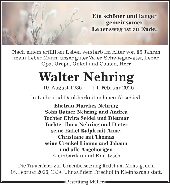 Traueranzeige von Walter Nehring von Leipziger Volkszeitung