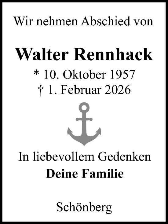 Traueranzeige von Walter Rennhack von Kieler Nachrichten