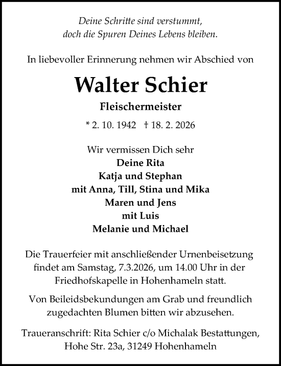 Traueranzeige von Walter Schier von Peiner Allgemeine Zeitung