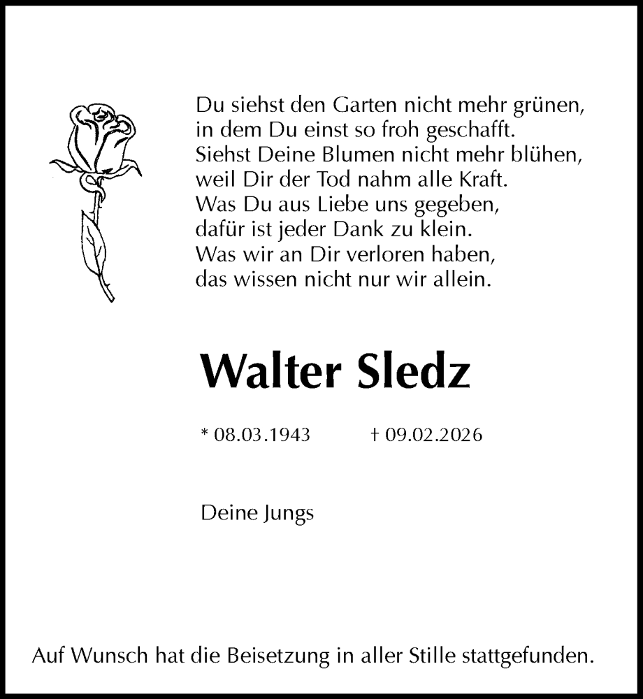  Traueranzeige für Walter Sledz vom 18.02.2026 aus Hannoversche Allgemeine Zeitung/Neue Presse