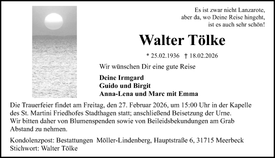 Traueranzeige von Walter Tölke von Schaumburger Nachrichten