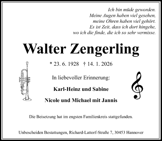 Traueranzeige von Walter Zengerling von Hannoversche Allgemeine Zeitung/Neue Presse