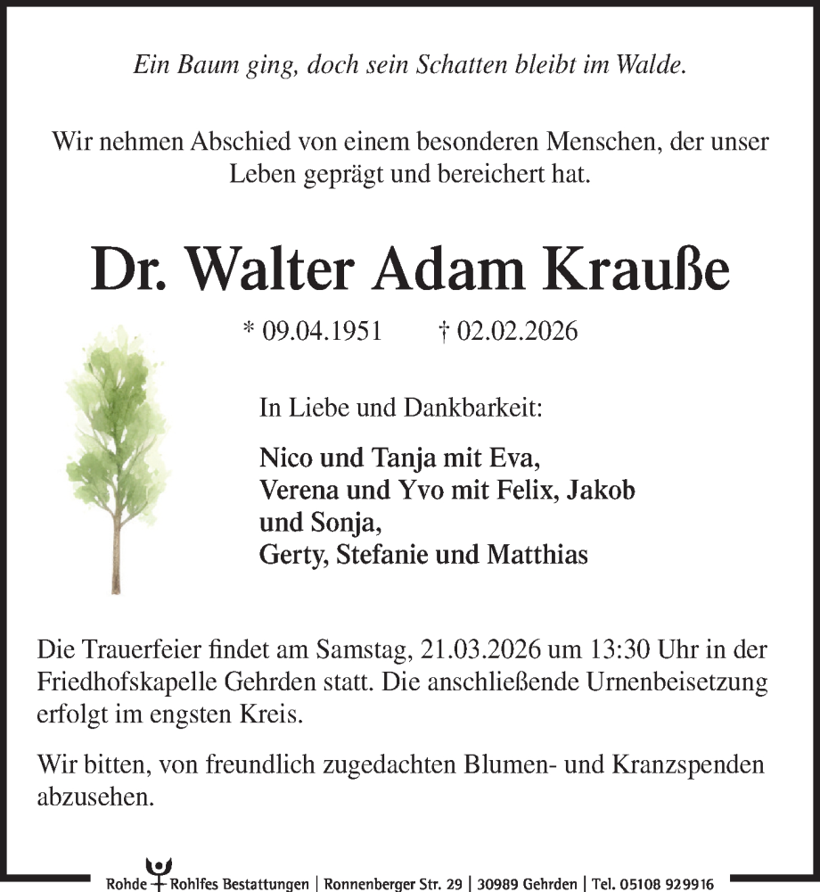 Traueranzeige für Walter Adam Krauße vom 21.02.2026 aus Hannoversche Allgemeine Zeitung/Neue Presse