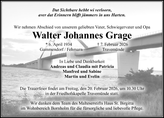 Traueranzeige von Walter Johannes Grage von Lübecker Nachrichten