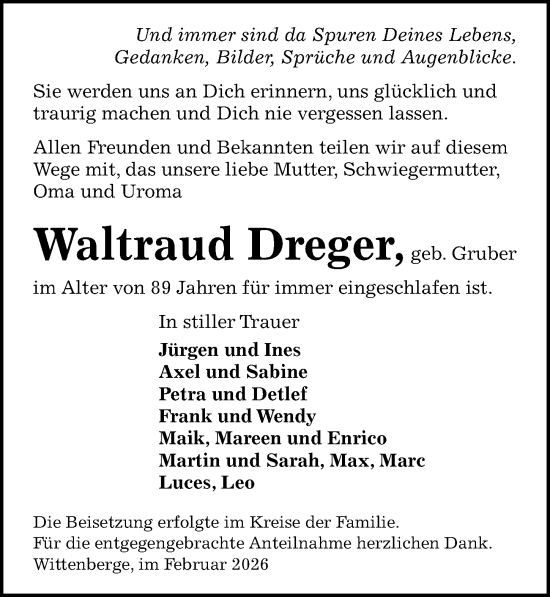 Traueranzeige von Waltraud Dreger von Wochenspiegel
