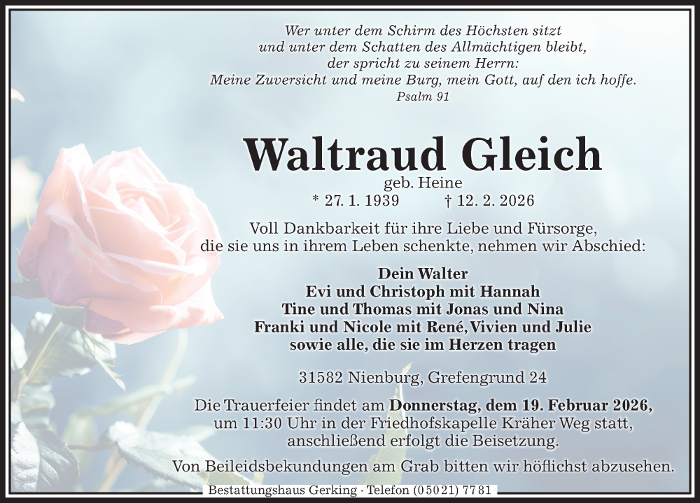  Traueranzeige für Waltraud Gleich vom 17.02.2026 aus Die Harke