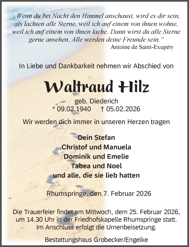  Traueranzeige für Waltraud Hilz vom 07.02.2026 aus Eichsfelder Tageblatt