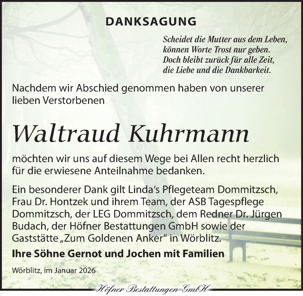  Traueranzeige für Waltraud Kuhrmann vom 07.02.2026 aus Torgauer Zeitung
