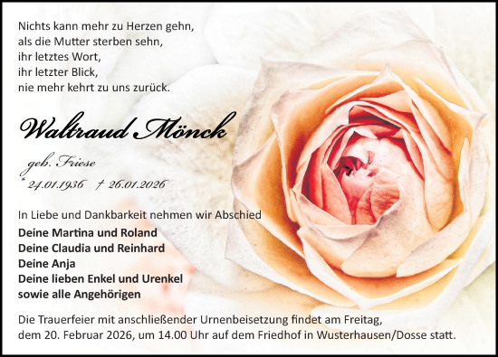 Traueranzeige von Waltraud Mönck von Wochenspiegel