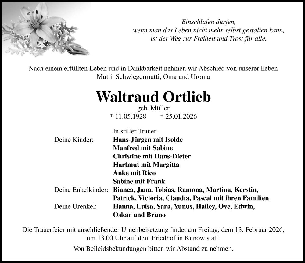  Traueranzeige für Waltraud Ortlieb vom 07.02.2026 aus Wochenspiegel