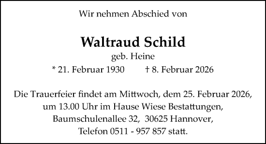Traueranzeige von Waltraud Schild von Hannoversche Allgemeine Zeitung/Neue Presse