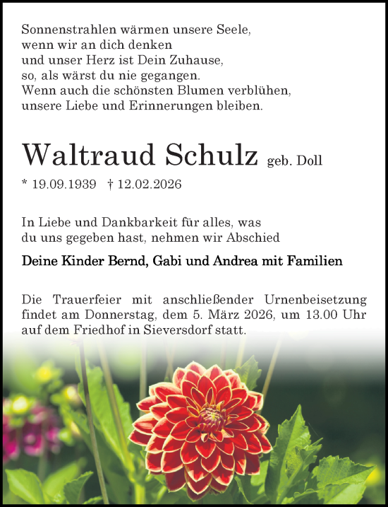 Traueranzeige von Waltraud Schulz von Wochenspiegel