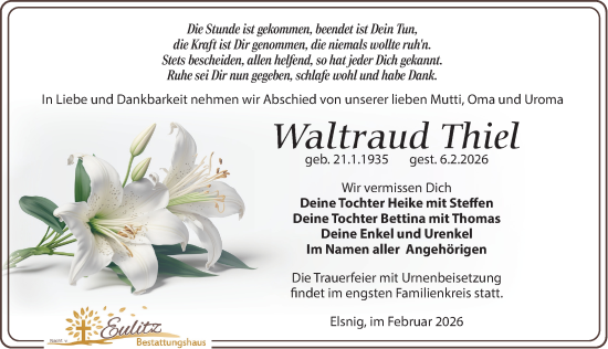 Traueranzeige von Waltraud Thiel von Torgauer Zeitung