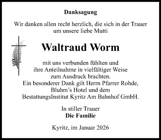 Traueranzeige von Waltraud Worm von Wochenspiegel