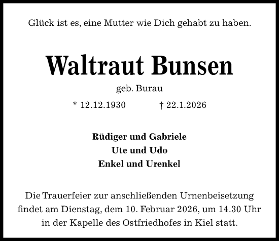 Traueranzeige von Waltraut Bunsen von Kieler Nachrichten