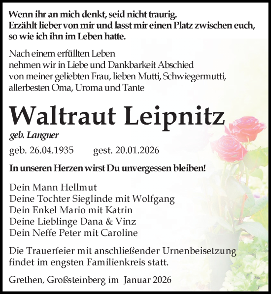 Traueranzeige von Waltraut Leipnitz von Leipziger Volkszeitung