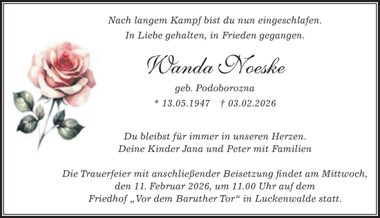 Traueranzeige von Wanda Noeske von Märkischen Allgemeine Zeitung