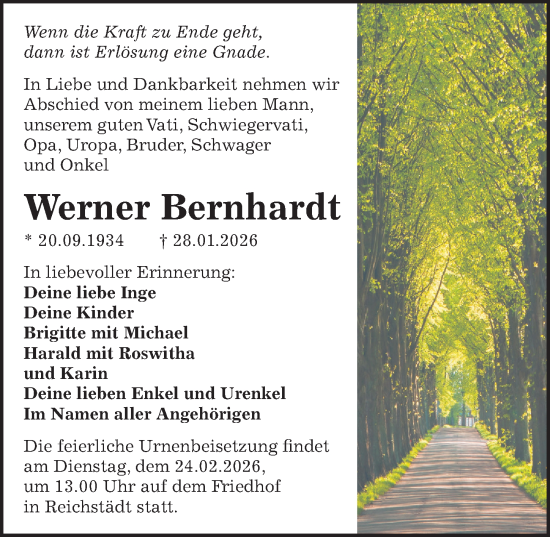 Traueranzeige von Werner Bernhardt von Sächsische Zeitung