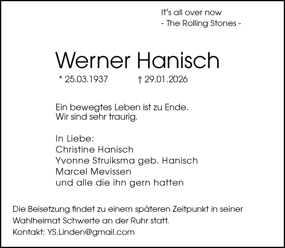  Traueranzeige für Werner Hanisch vom 07.02.2026 aus Hannoversche Allgemeine Zeitung/Neue Presse