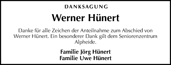 Traueranzeige von Werner Hünert von Die Harke