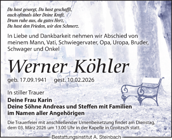Traueranzeige von Werner Köhler von Leipziger Volkszeitung