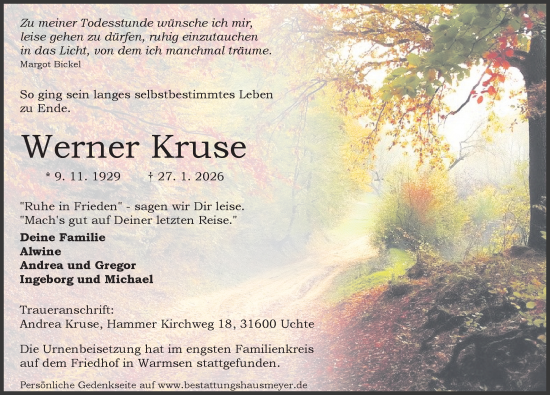 Traueranzeige von Werner Kruse von Die Harke
