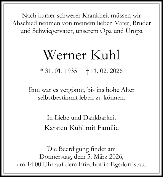 Traueranzeige von Werner Kuhl von Märkischen Allgemeine Zeitung