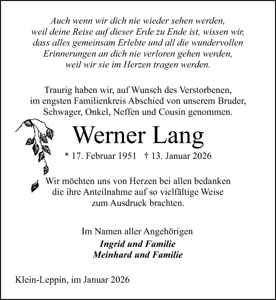 Traueranzeige von Werner Lang von Wochenspiegel
