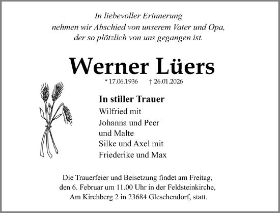 Traueranzeige von Werner Lüers von Lübecker Nachrichten